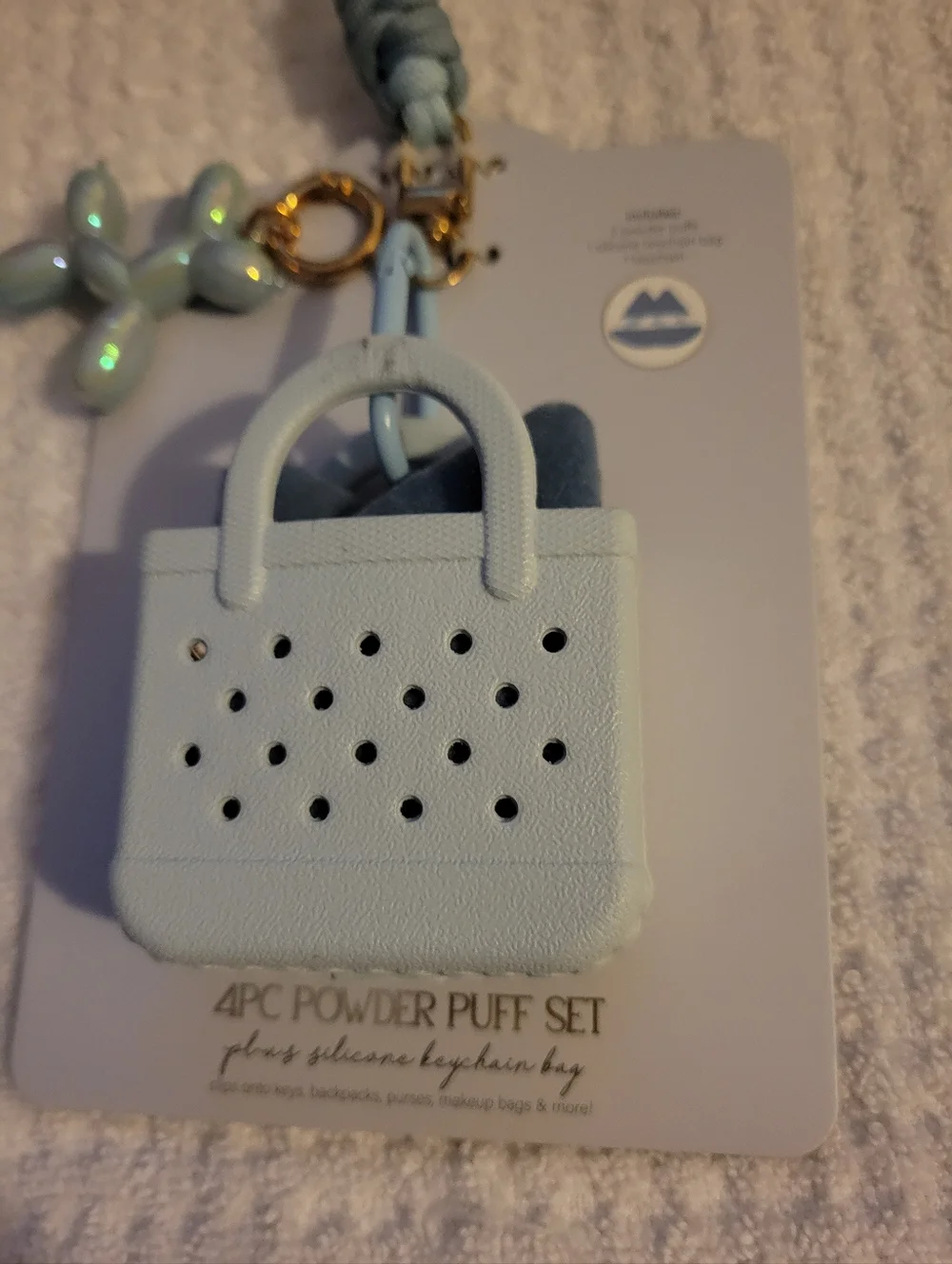 New Mini Tote Keychain, 4PC Powder Puff Set, Blue Iridescent Balloon Dog Charm‎